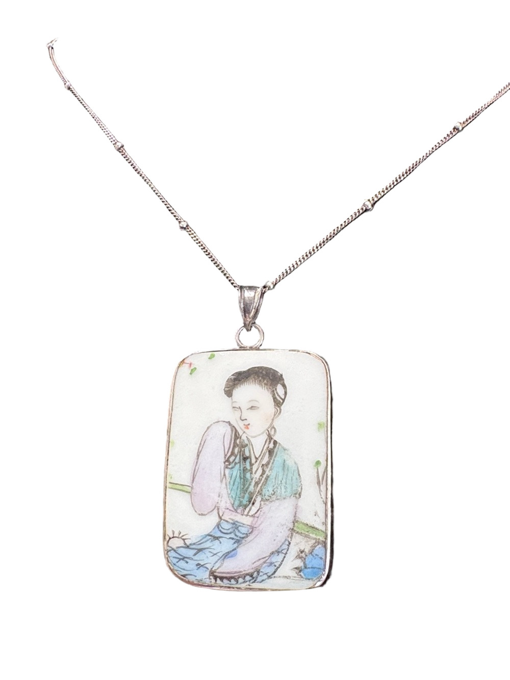 925 Silver Shard Porcelain  Pendant Necklace with Hand-Painted Chinese Lady